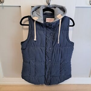 Women’s Navy Blue Puffer Vest with Removable Gray Hoodie – M.S.K.Z.X